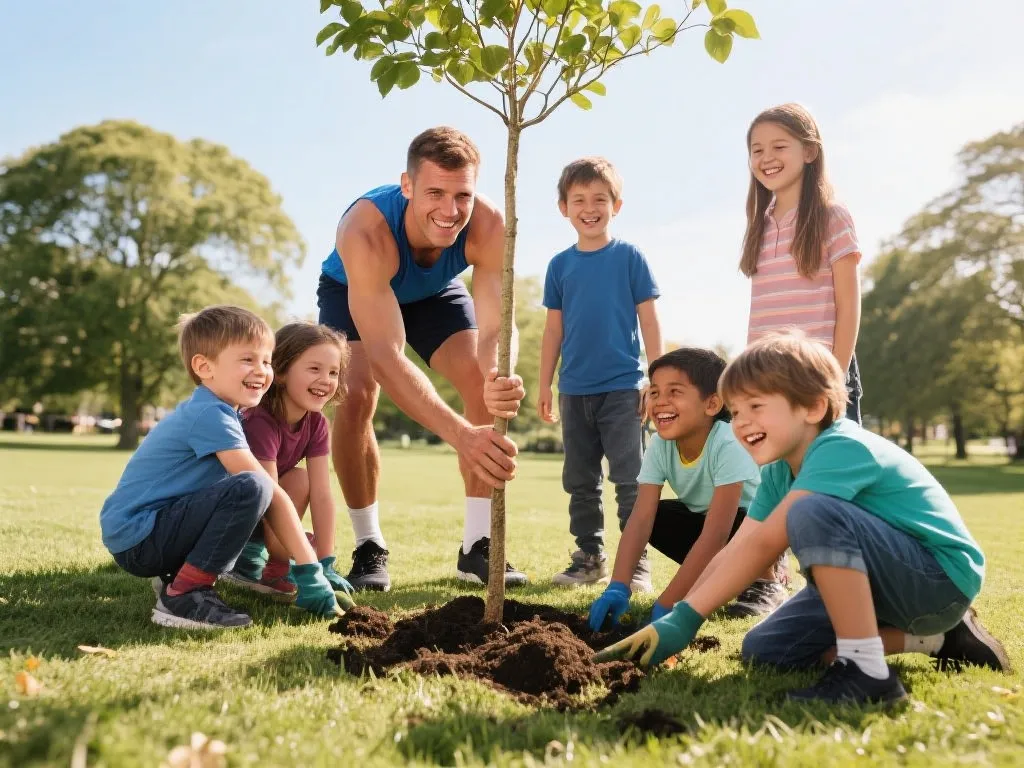 运动员与孩子们一起植树，传递环保理念