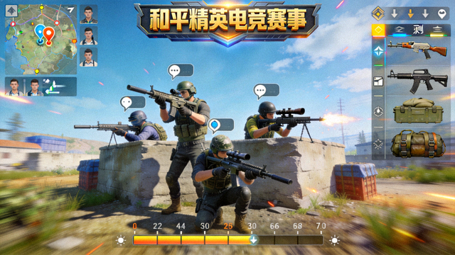 绝地求生手游和平精英电竞赛事直播画面，战队队员正在进行战术配合